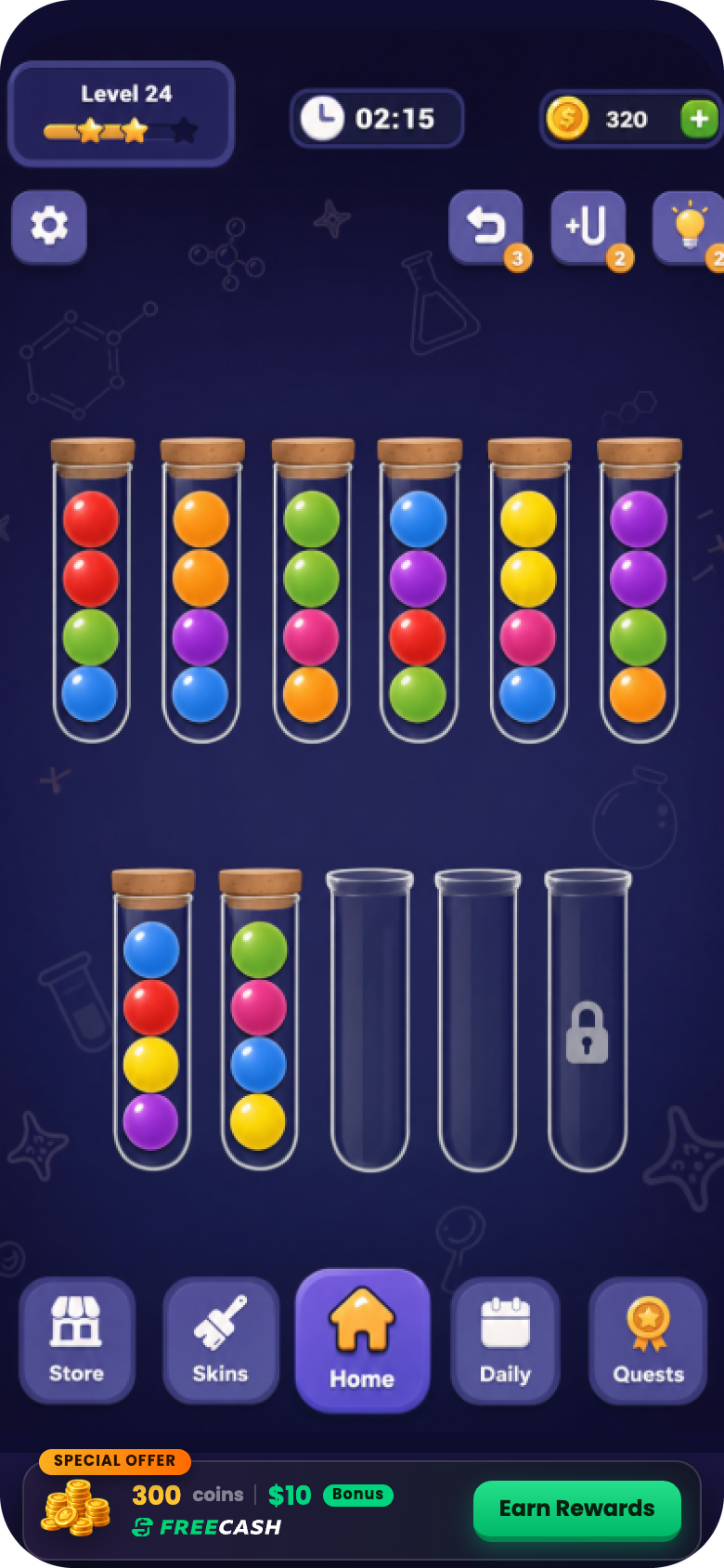 Game homescreen with a Freecash special offer banner docked below the bottom nav, stating 300 coins, a \$10 bonus and an Earn Rewards button.