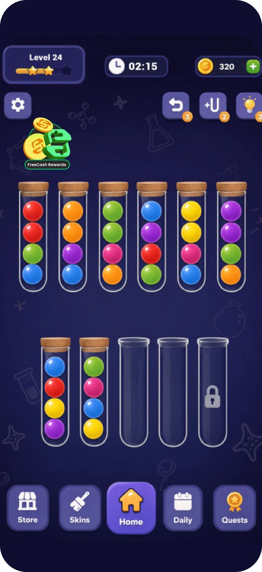 Game homescreen with the FreeCash Rewards icon pinned in the corner of the HUD, showing coins and cash art with a label under it.