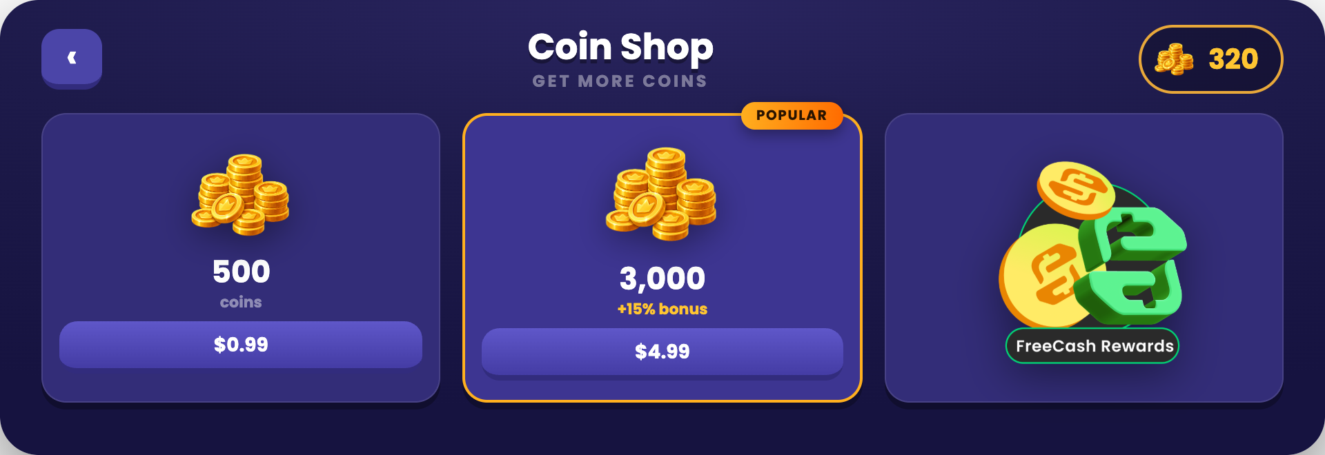 In-game coin shop screen with the FreeCash Rewards tile placed as a third option next to the coin packs.